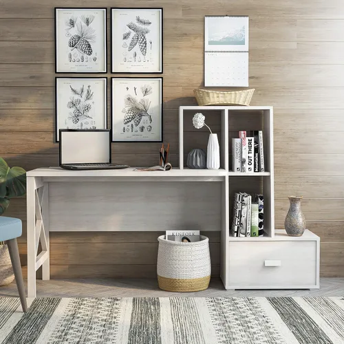 Vista 2 de HOMES: Inside + Out Garvine - Escritorio moderno de madera de 1 cajón de 71 pulgadas con puerto USB, toma de corriente, estantes abiertos