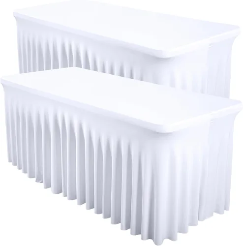 Vista 40 de Paquete de 2 manteles color azul bebé para mesa rectangular de 4 pies, manteles de elastano elásticos de 4 pies, falda blanca rectangular para baby