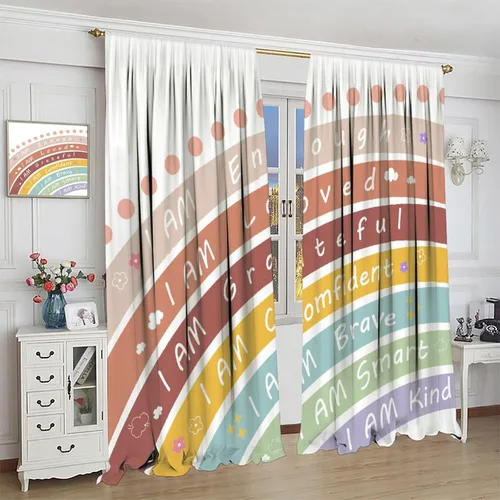 Vista 4 de Cortinas bohemias de arco iris, dibujos animados, citas motivacionales, impresiones abstractas coloridas, opacas, tratamiento de ventana para niños