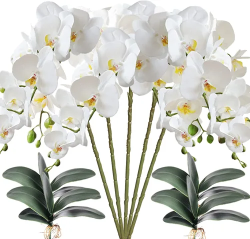 Vista 13 de HinyoCo - 5 flores artificiales de orquídea y 4 paquetes de hojas, flores artificiales de Phalaenopsis de 32 pulgadas para decoración del hogar
