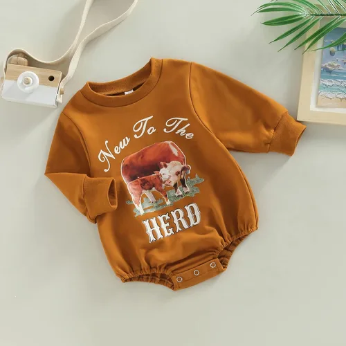 Vista 2 de Adobabirl Ropa de bebé occidental para niña, con estampado de vaca, sudadera de gran tamaño para bebé, lindo traje de otoño e invierno