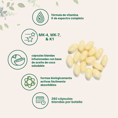 Vista 3 de Micro Ingredients Complejo súper vitamina K (K2 MK7 + MK4 y K1), cápsulas blandas de aceite de coco 360 Vitaminas K de fácil absorción, complejo
