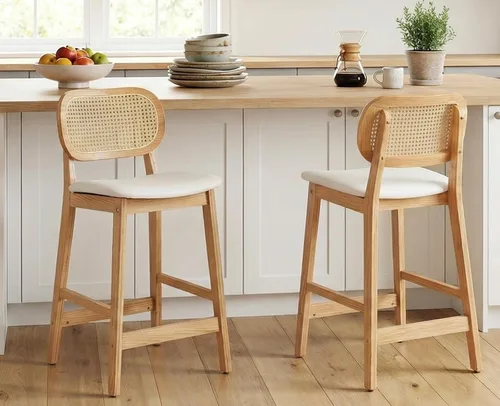 Vista 20 de ROCITY - Juego de 2 taburetes de ratán negro, taburetes de bar de madera de granja, taburetes de bar tapizados, sillas de isla de cocina