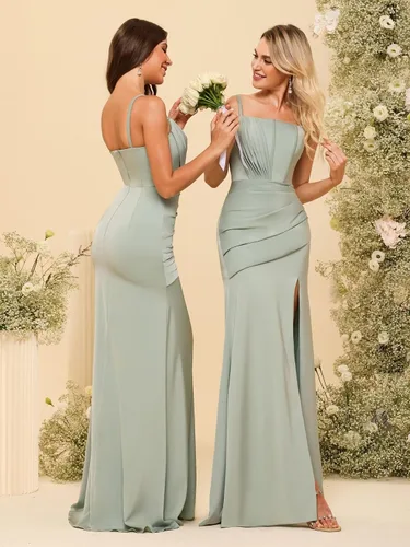 Vista 3 de TIRAS Vestido de dama de honor de sirena de satén para mujer, tirantes delgados, vestido de fiesta de graduación con abertura CM257