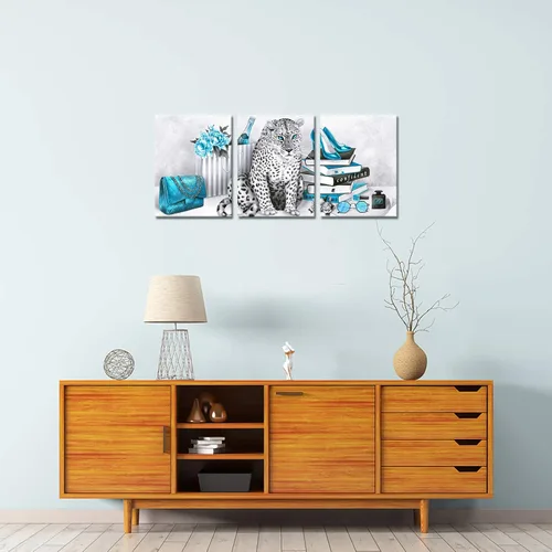 Vista 2 de Visual Art Decor Arte de pared turquesa y gris, pintura de leopardo, impresiones en lienzo para dormitorio de niñas, decoración de pared de baño, 12
