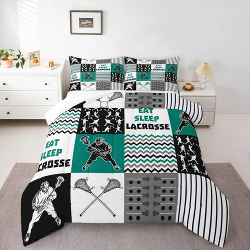 Vista 12 de Lacrosse - Juego de edredón de juegos deportivos para niños y niñas, jugadores de hockey, relleno de edredón ligero de hockey negro con llama