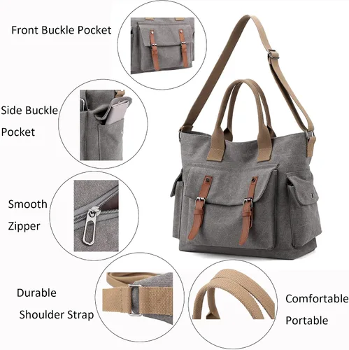 Vista 3 de Bolso bandolera de lona estilo vintage con bolsillos, unisex, tamaño mediano