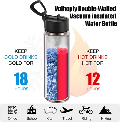 Vista 3 de Volhoply Botellas de agua aisladas de 22 onzas con tapa con popote, botella deportiva de acero inoxidable con asa, vasos de agua de viaje de metal