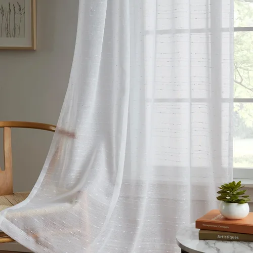 Vista 6 de Warm Home Designs Cortinas de lujo para sala de estar de 63 pulgadas de largo. Cortinas transparentes de lino con patrón de rayas punteadas.