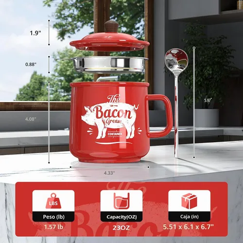 Vista 2 de PGYARD Ceramic Bacon Grease Saver With Strainer, 23OZ Farmhouse Container Rojo