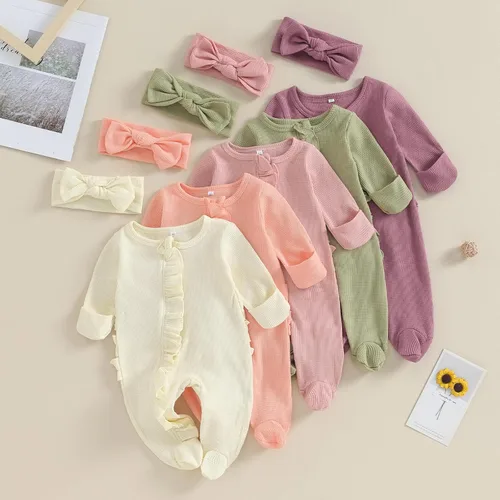 Vista 2 de Ayalinggo Newborn Baby Girl Fall Winter Outfits Clothes Knit Jumpsuit Ruffle Romper Newborn Coming Home Outfit for Baby Girl