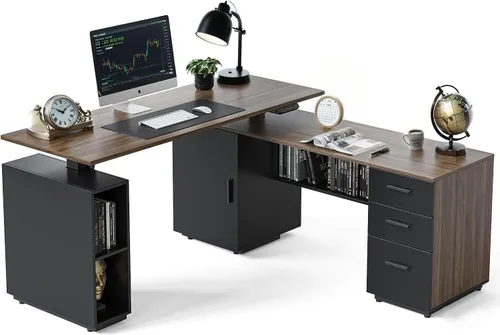 Vista 10 de FEZIBO Escritorio de pie en forma de L de 66 pulgadas con cajones y estantes, mesa ejecutiva de altura ajustable, parte superior de nogal