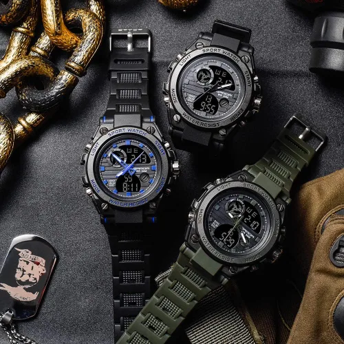 Vista 2 de BOSHIYA Reloj militar para hombre, resistente al agua, con alarma de fecha, cronómetro, multifunción, táctico, LED, esfera grande