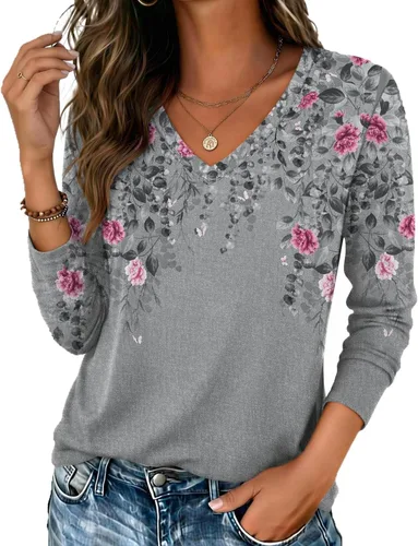 Vista 8 de Zeagoo Camisas de manga larga para mujer, cuello en V, casual, básica Rosa