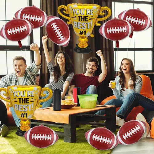 Vista 3 de Juego de 10 globos de fútbol, bola de rugby, trofeos, globos de papel de aluminio, decoraciones de fiesta de fútbol para portón trasero, celebración
