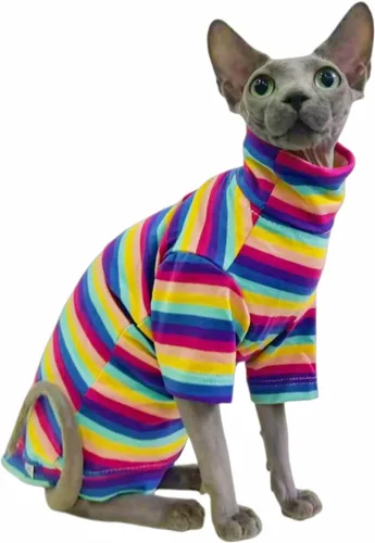 Vista 7 de Camisa de algodón con cuello redondo para gatos sin pelo Sphynx de rayas vintage, ropa para mascotas con mangas, camisetas para gatitos para Sphynx