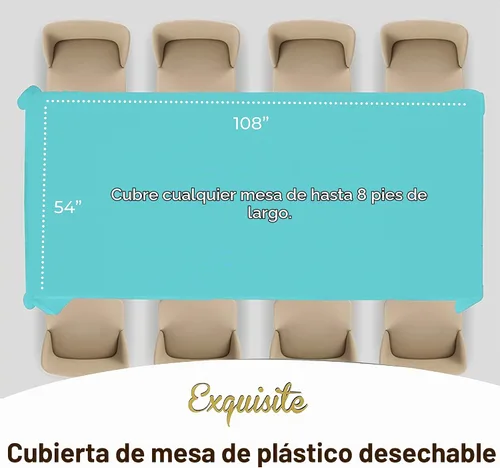 Vista 4 de Exquisito mantel desechable de plástico aguamarina, paquete de 6 manteles rectangulares de 54 x 108 pulgadas para mesas de 6 pies, mantel
