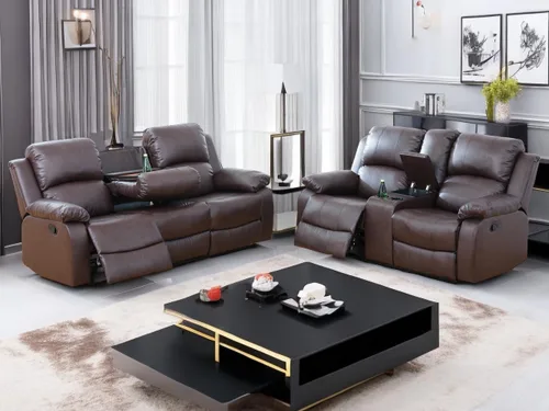 Vista 34 de Sofá reclinable manual moderno, sofá reclinable de cuero de 3 plazas, sofá reclinable de sala de estar, sofá con portavasos y mesa abatible