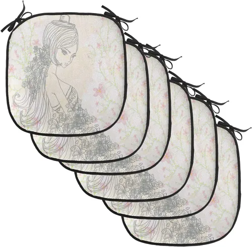 Vista 21 de Lunarable Floral Chair Cushion Pad, Flower Petal with Oriental Detail Culture Design, Seat Padding for Kitchen & Patio with Anti-Slip Backing