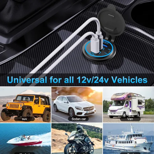 Vista 7 de Toma USB de 12V Cable Cargador USB Multipuerto, Dual PD3.0 USB-C y Carga Rápida 3.0 Puerto de Coche con Interruptor de Encendido, Carga Rápida