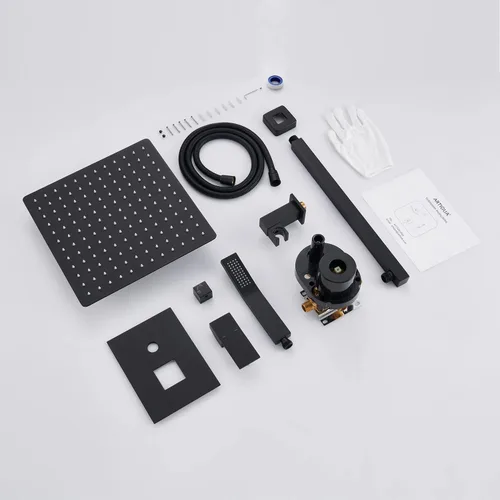 Vista 6 de Sistema de ducha de lluvia de 12 pulgadas, juego combinado de ducha negro para montaje en pared, grifos de baño con cabezal de ducha de lluvia