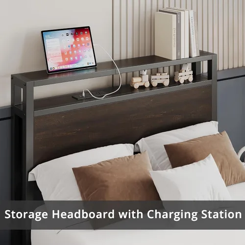Vista 4 de LIKIMIO - Marco de cama individual con cajón y estación de carga, color marrón oscuro 2-Tier Storage Headboard with Metal Construction Frame, No