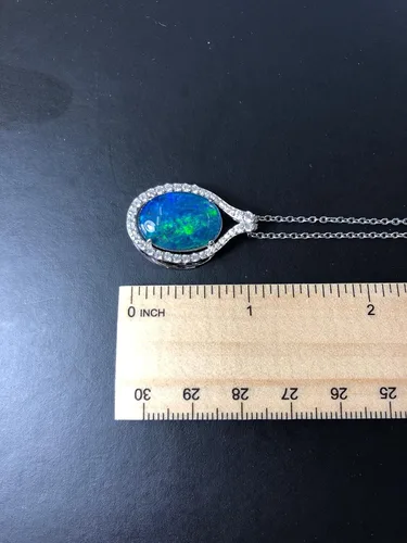 Vista 6 de Collar de ópalo de fuego australiano, 0.709 x 0.512 in, collar de ópalo de trillizos australianos genuinos, chapado en oro blanco en plata de ley