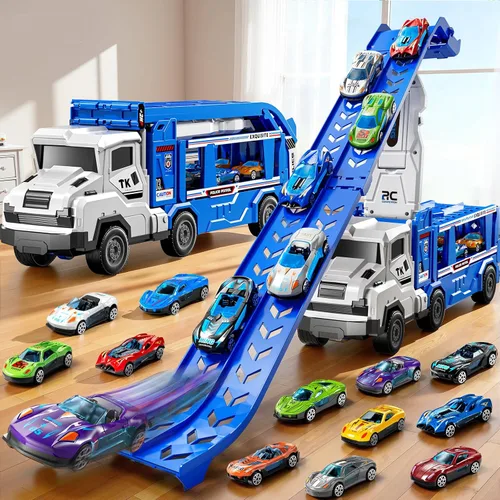 Vista 9 de Juego de camiones de transporte para niños de 3 en 1 con pistas de juguetes para niños de 2 a 4 años con 12 juguetes de autos de carreras, pista