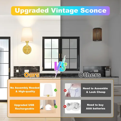 Vista 3 de Aplique de pared inalámbrico recargable, funciona con pilas, con control remoto, lámparas de pared con bombillas LED RGB regulables, sin cableado