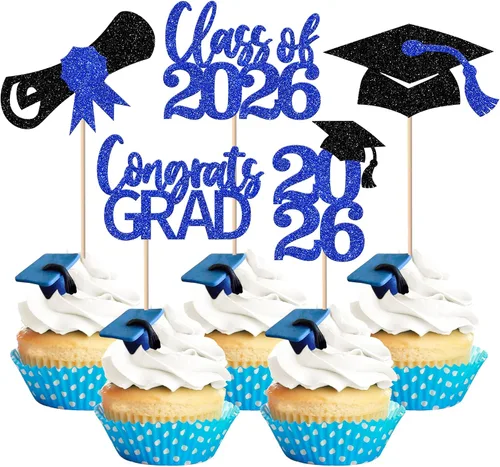 Vista 50 de Paquete de 24 adornos para cupcakes de clase de 2026 con purpurina 2026 para diploma de graduación 2026, selecciones para cupcakes para graduación