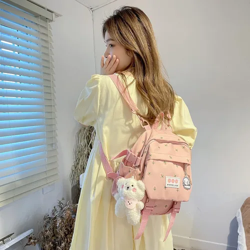 Vista 2 de Mochila estética Kawaii con colgante mini mochila para niñas, bonita mochila escolar japonesa, mochila con flores, Rosado, S, Kawaii