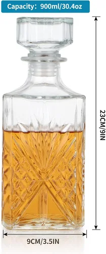 Vista 3 de MDLUU Decantador de vidrio con tapón hermético, botella de licor de 25.3 onzas líquidas para vino, whisky, brandy, vodka (flor grabada)