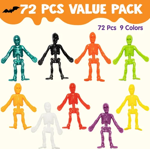 Vista 2 de JOYIN 72 piezas de esqueletos elásticos de Halloween, juguetes para aliviar el estrés de Halloween, 9 colores, juguetes elásticos de calavera