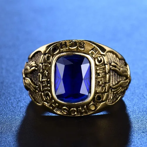 Vista 2 de MASOP Royal Blue Sapphire Color Anillo Acero Inoxidable Hombres Joyería Celebrar la Escuela Secundaria Anillos Tamaño 8-15