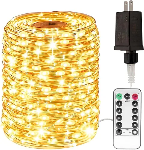 Vista 9 de Paquete de 2 luces de hadas enchufables de 100 pies, 300 LED, impermeables, alambre plateado, luces LED parpadeantes con control remoto para sala