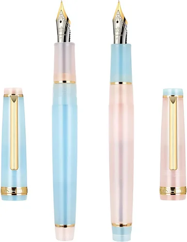 Vista 6 de Jinhao 82 Pluma estilográfica acrílica con convertidor, blanco transparente y azul malaquita con borde dorado, juego de 2 bolígrafos de escritura
