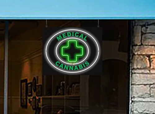 Vista 2 de Señal de neón de cannabis médico.