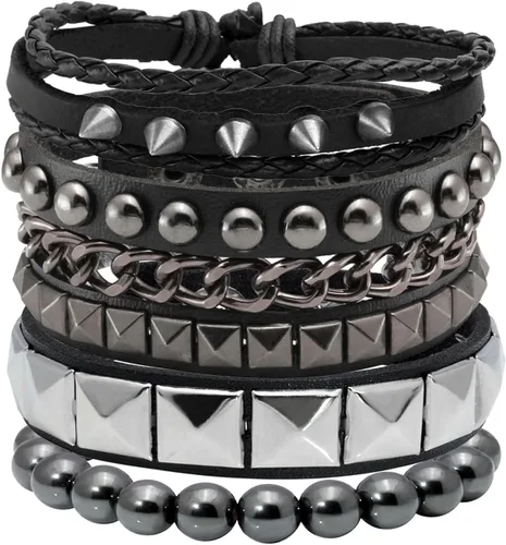 Vista 9 de Eigso Juego de 4 pulseras de cuero punk, con tachuelas de roca para hombres y mujeres, estilo retro, clásico, con pinchos, de metal, para hombre