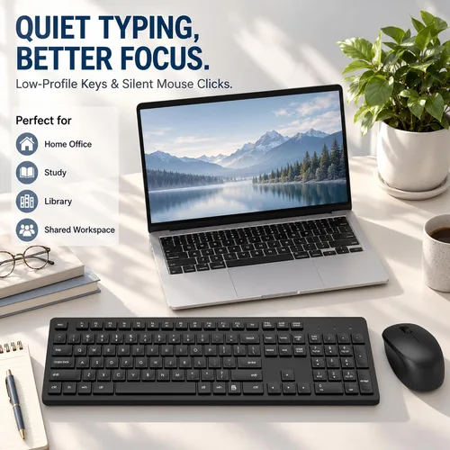Vista 2 de LeadsaiL Combo de teclado y mouse inalámbricos, teclado ergonómico de tamaño completo para computadora, teclado inalámbrico de 2.4GHz, mouse Negro