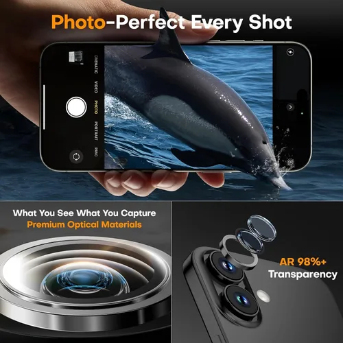 Vista 5 de Protector de lente de cámara para iPhone 17/16/16 Plus, Vidrio templado de metal Cubierta individual de lente de cámara [Anti-caída] Compatible