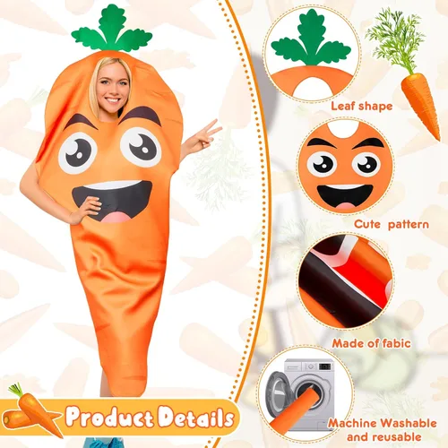 Vista 5 de Jecery Disfraz de zanahoria para adultos de Halloween, 2 piezas, para hombres y mujeres, divertido disfraz de frutas y verduras, verde, naranja