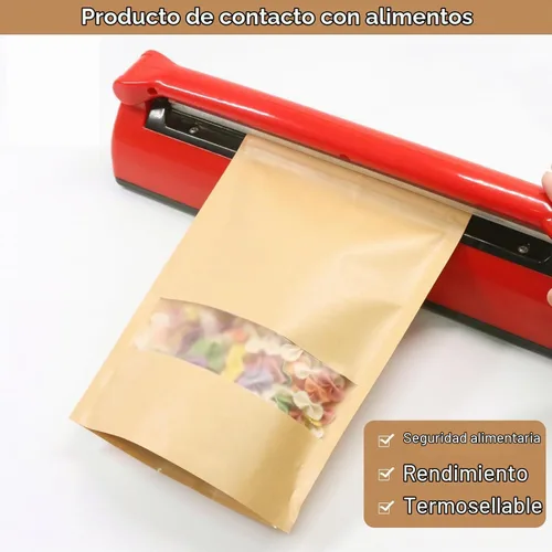 Vista 4 de SumDirect Bolsas de pie de estraza – 50 bolsas de papel kraft resellables con ventana, bolsas de almacenamiento de alimentos con cremallera