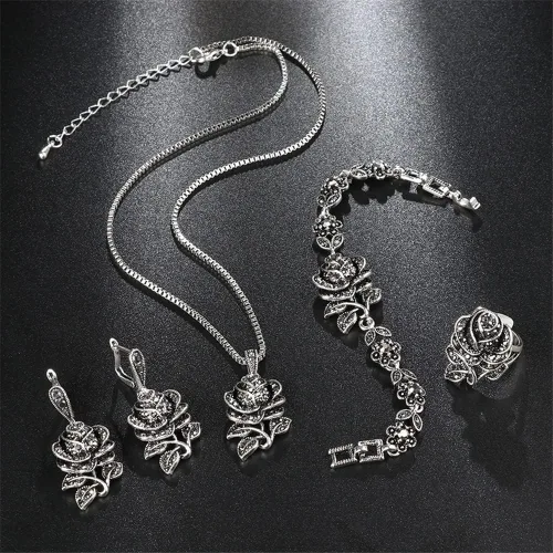 Vista 4 de Dtja Juego de 5 piezas de joyería vintage con dije de flor de rosa de circonita cúbica para mujeres y niñas, cristal negro plateado, bohemio, boda