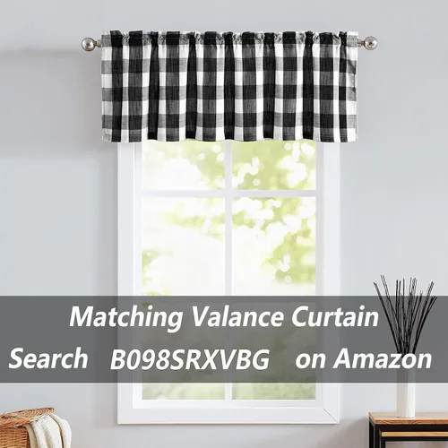 Vista 9 de Cortinas de cuadros blancos y negros con pompones, 45 pulgadas, semitransparentes a cuadros Blanco y negro