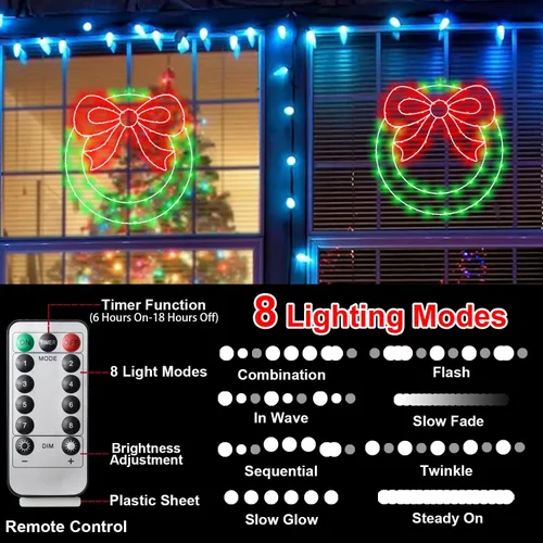 Vista 4 de CESOF Guirnalda de luces de ventana de Navidad, corona de Navidad iluminada de 14 pulgadas con lazo, temporizador de control remoto alimentado por