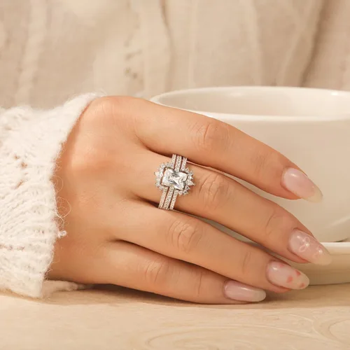 Vista 4 de Jeulia Juego de 2 anillos de compromiso vintage de plata de ley con halo irregular radiante para mujer, con caja de regalo