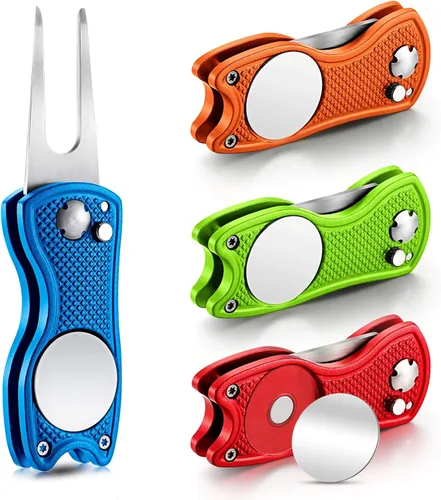 Vista 7 de Skylety 4 piezas herramienta de reparación de divot de golf plegable de metal con botón emergente magnético, marcador de bolas de acero inoxidable