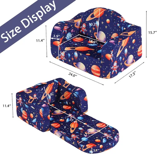 Vista 3 de Welnow Sofá infantil 2 en 1, silla convertible para niños, sofá abatible para niños con reposabrazos ondulados, sofá plegable para juegos para niños