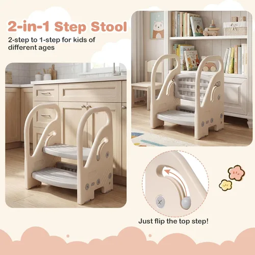 Vista 3 de Costzon Taburete auxiliar ajustable de 2 pasos para niños pequeños con asas de seguridad y almohadillas antideslizantes, escalera de plástico