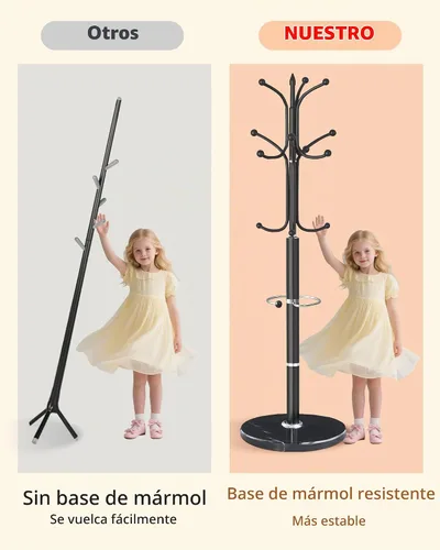 Vista 7 de Perchero de metal con base de mármol natural, soporte de perchero con 12 ganchos y soporte para paraguas, percheros modernos negros independientes